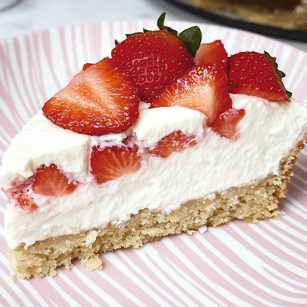 Ein Stück Erdbeerkuchen mit Vanillecreme und Erdbeeren auf einem Teller mit rosa Streifen.