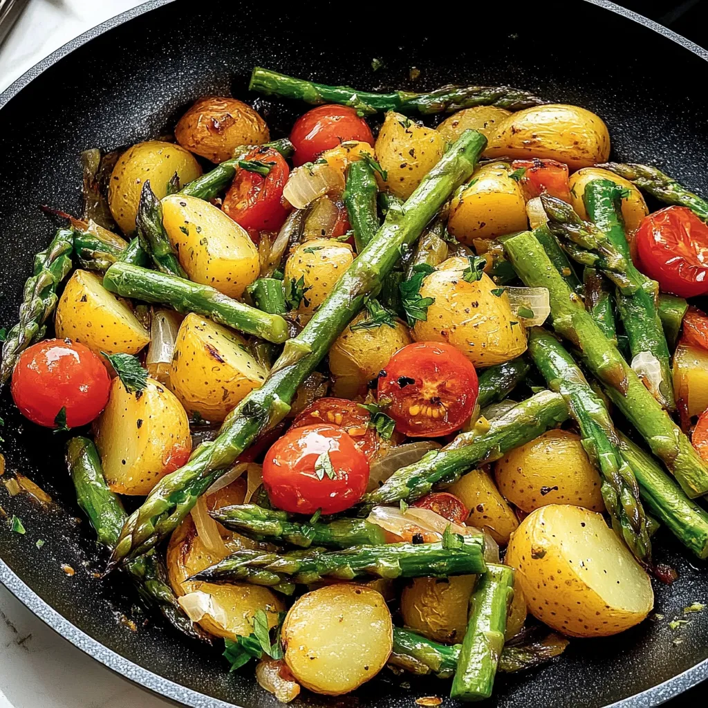 Kleiner schwarzer Topf voll mit buntem Frühlingsgemüse wie Tomaten, Spargel, Paprika und Zwiebeln.