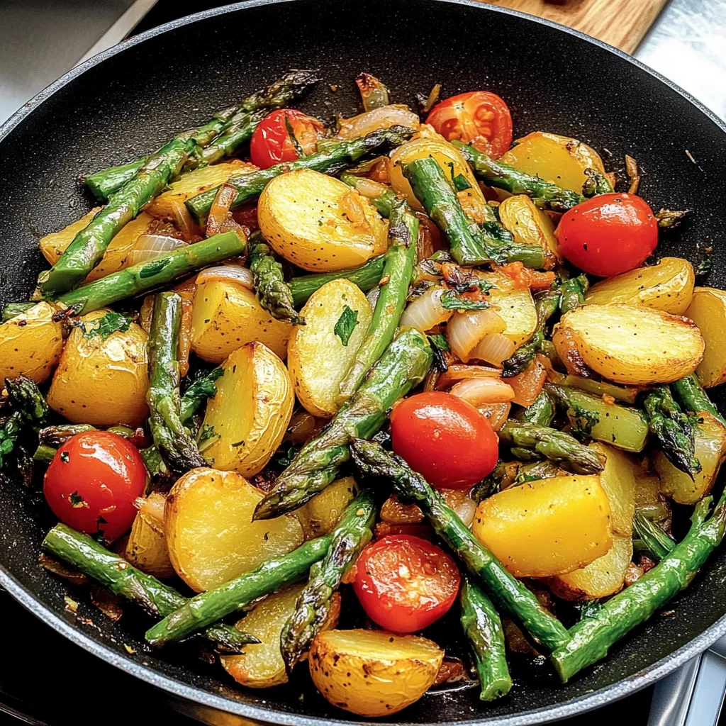 Ein dunkler Topf voll mit Kartoffelstücken, Tomaten, Zwiebeln und knackigem grünem Spargel.