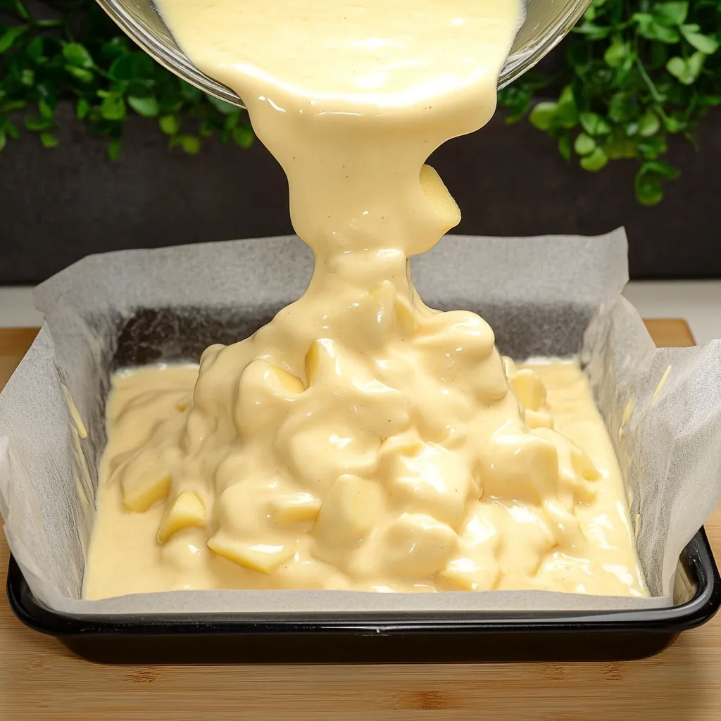 Eine Schüssel mit glattem Kuchenteig wird auf eine Platte gegossen.