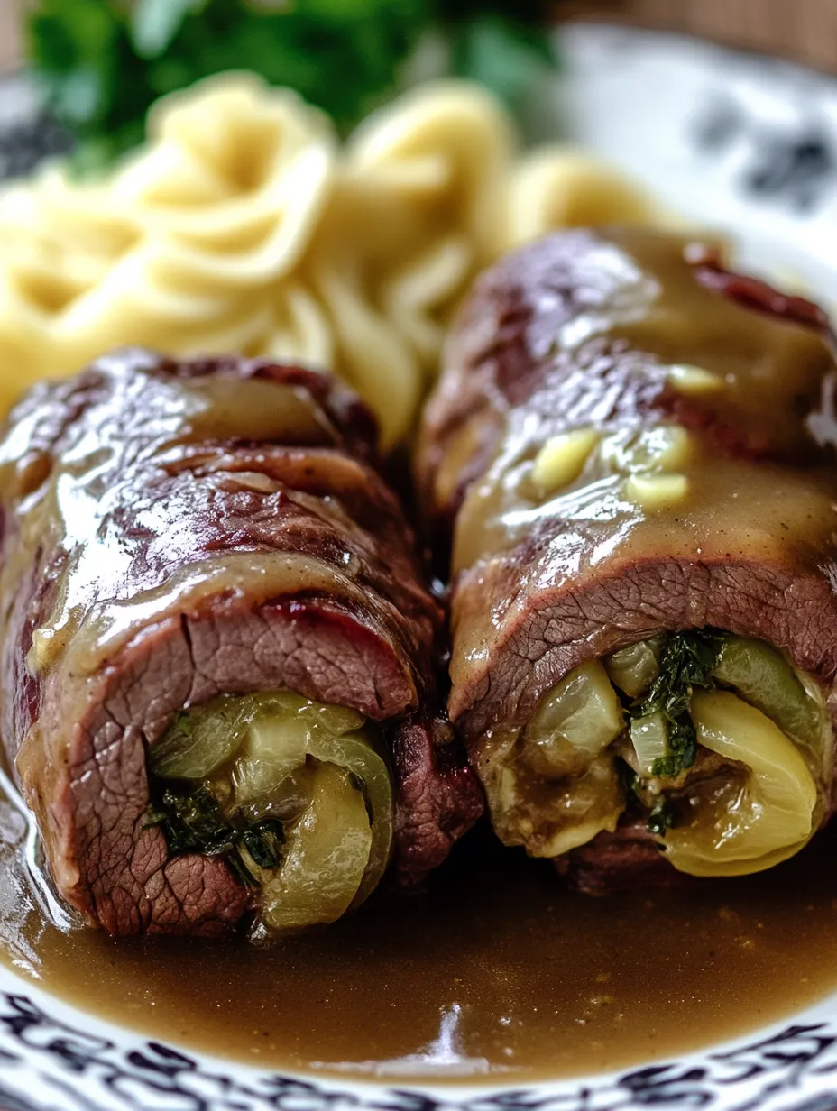 Zwei gebratene Rinderrouladen in Sauce auf dem Teller.