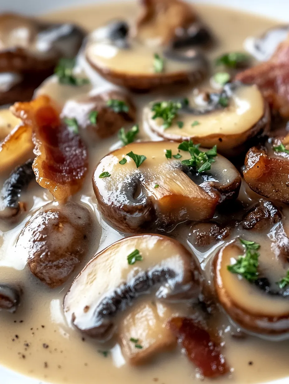 Eine Schüssel mit Pilzen und Speck.