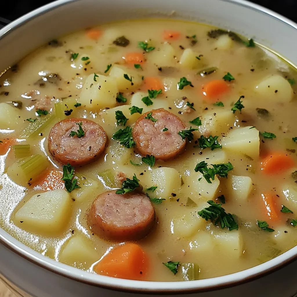 Eine helle Tasse mit Kartoffelstücken, Gemüse und Wurst.