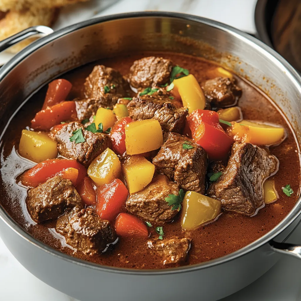 Ein Topf mit buntem Mix aus Fleisch, Gemüse und Kartoffeln.