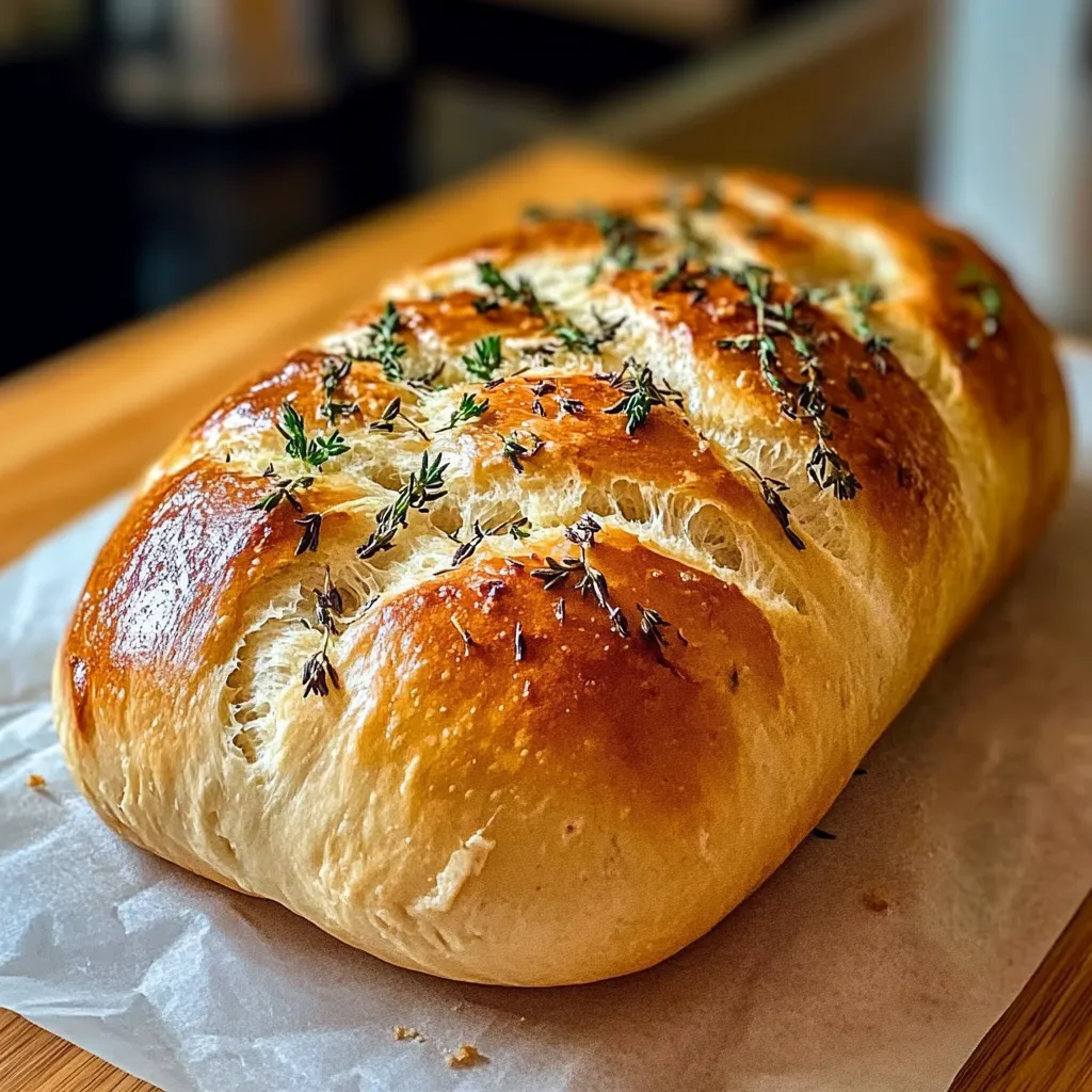 Ein helles Baguette mit frischen Kräutern oben drauf.