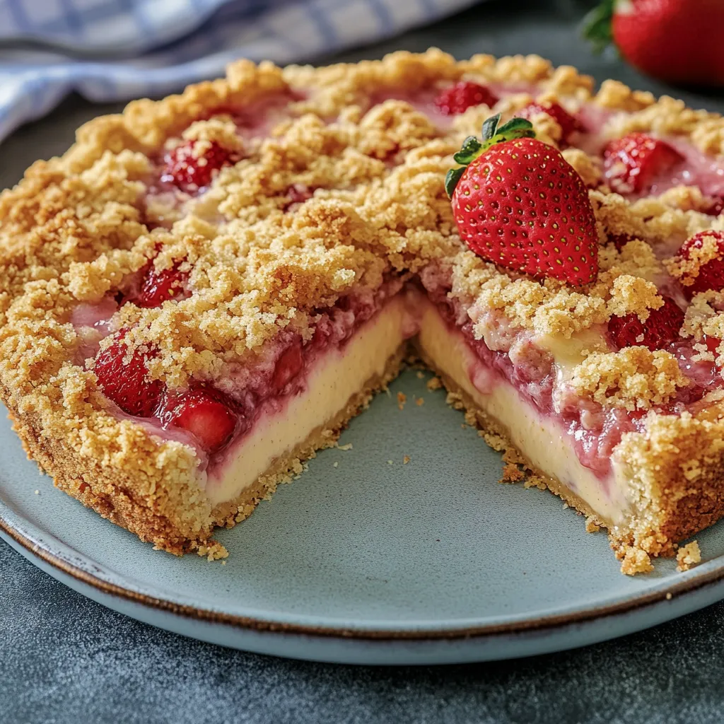 Ein Stück Erdbeer-Streuselkuchen mit frischen Beeren auf dem Teller.