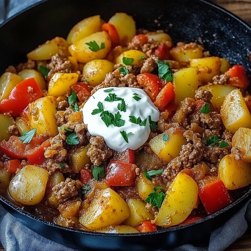 Eine Pfanne mit Kartoffeln, Paprika, Rindfleisch und Créme Fraîche.