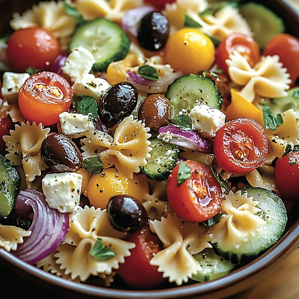 Ein Glas voller Pasta, Feta und Gemüse.