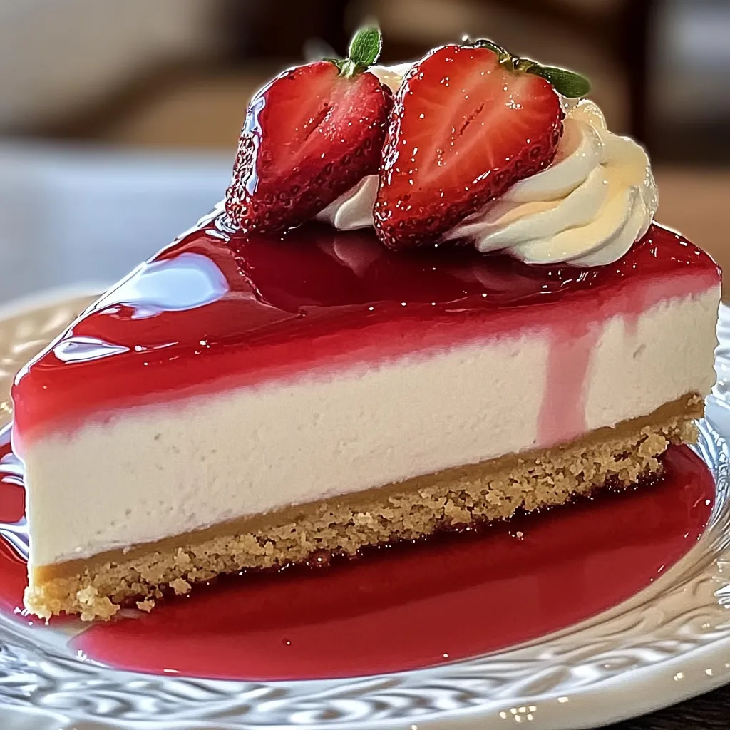 Ein Stück Erdbeer-Käsekuchen ohne Backen auf einem weißen Teller.