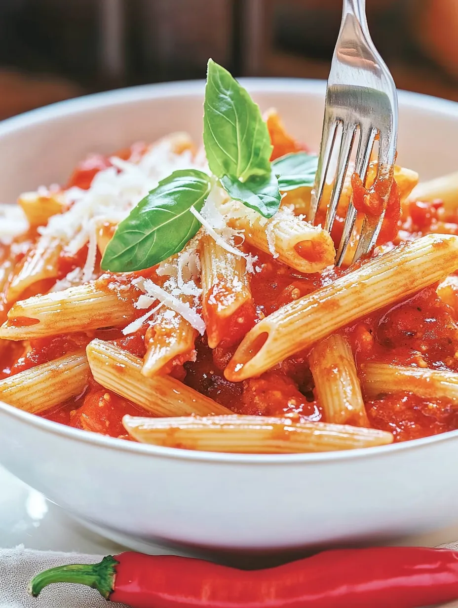 Ein weißer Teller mit Penne Arrabiata und einer kräftigen, würzigen Tomatensoße.