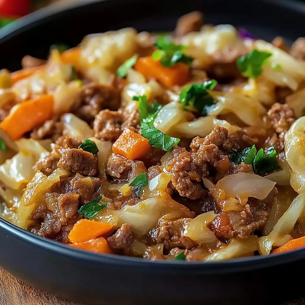 Eine Pfanne voll mit Rindfleisch, Kohl und viel Gemüse.
