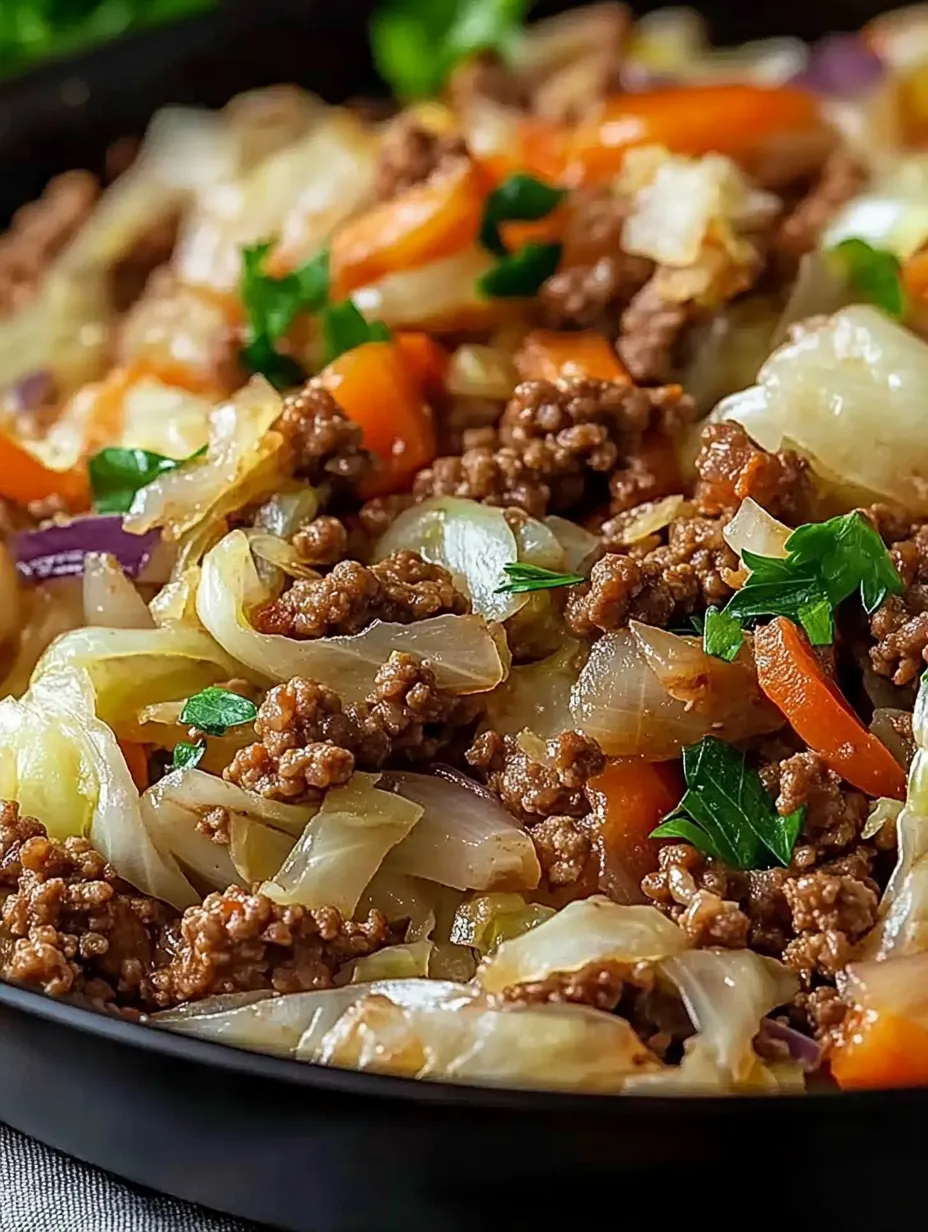 Eine Pfanne voller Rinderhack, Kohl und Zwiebeln.