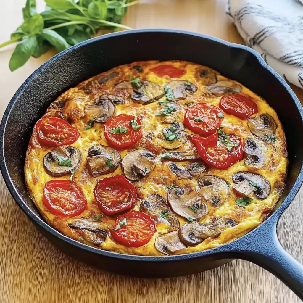 Eine Pfanne Gemuese-Frittata steht auf dem Tisch, im schwarzen Topf serviert.