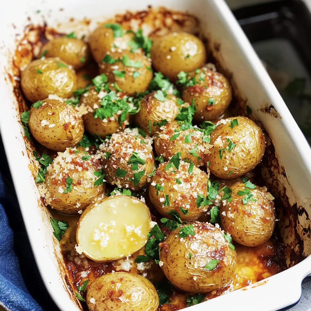 Weiße Platte mit frisch gebackenen, goldenen Parmesankartoffeln direkt aus dem Ofen.