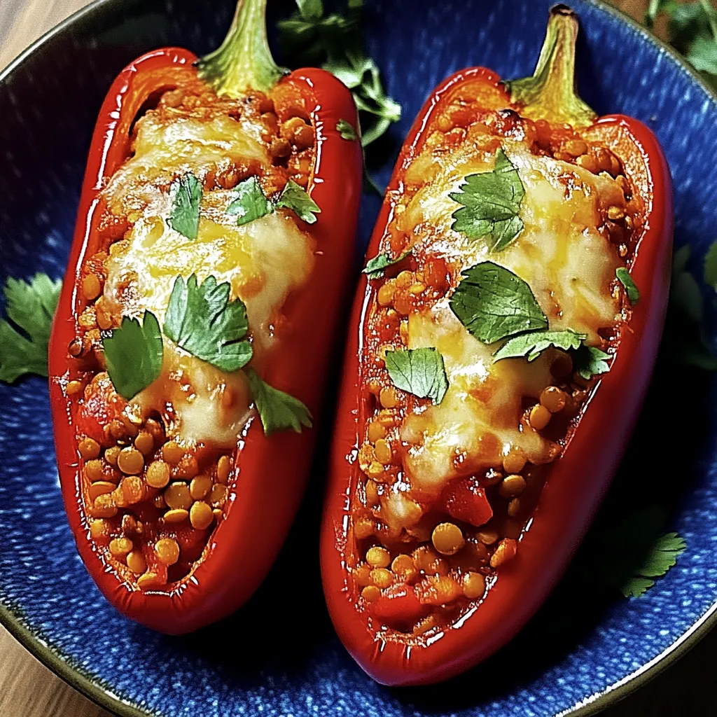 Zwei mit roten Linsen gefüllte Paprika auf blauem Teller.