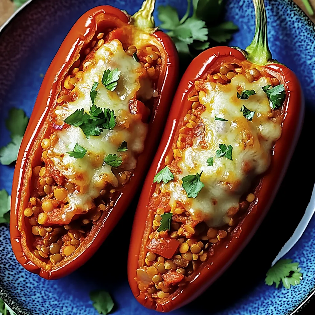 Zwei halbe Spitzpaprika mit roter Linsenfüllung auf einem blauen Teller.
