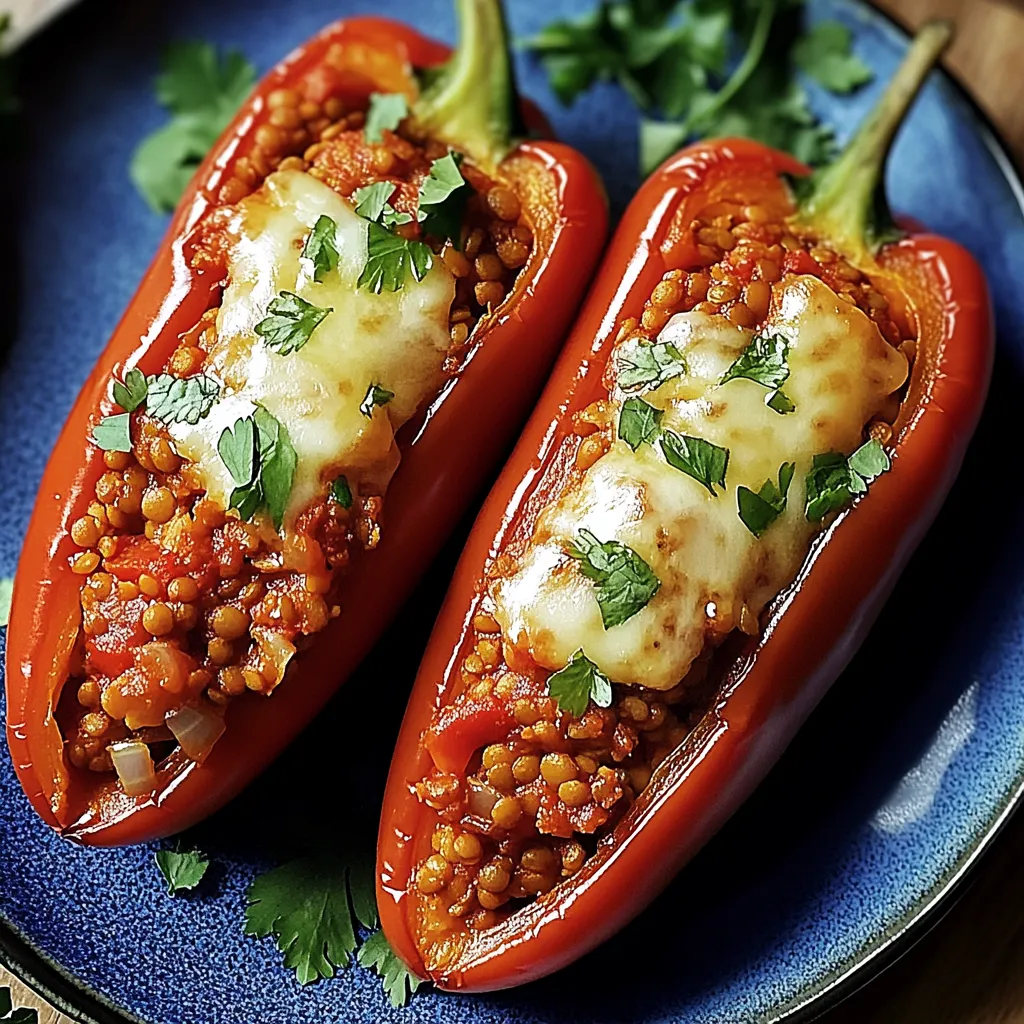 Zwei halbe Spitzpaprika mit roter Linsenfüllung auf einem blauen Teller.
