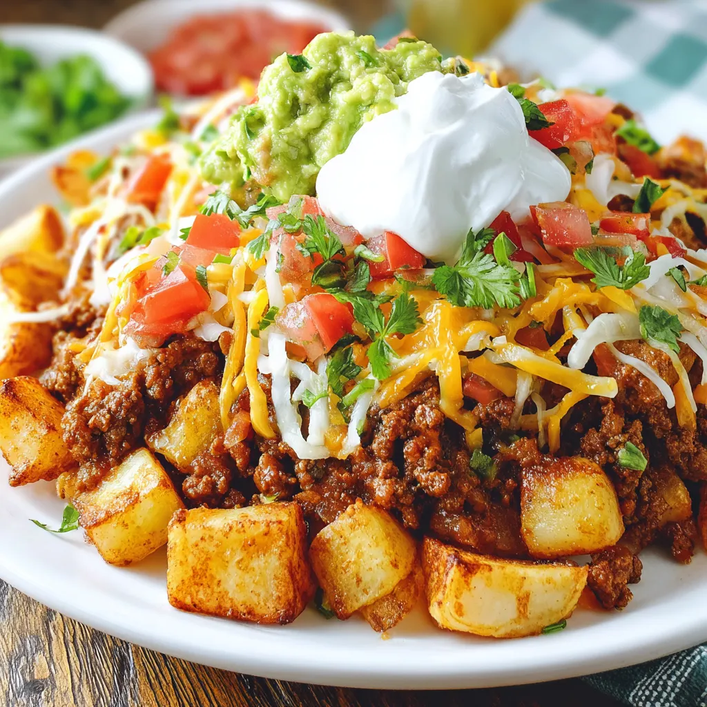 Ein Teller mit Kartoffeln, Fleisch, Käse und weißem Dip on top.