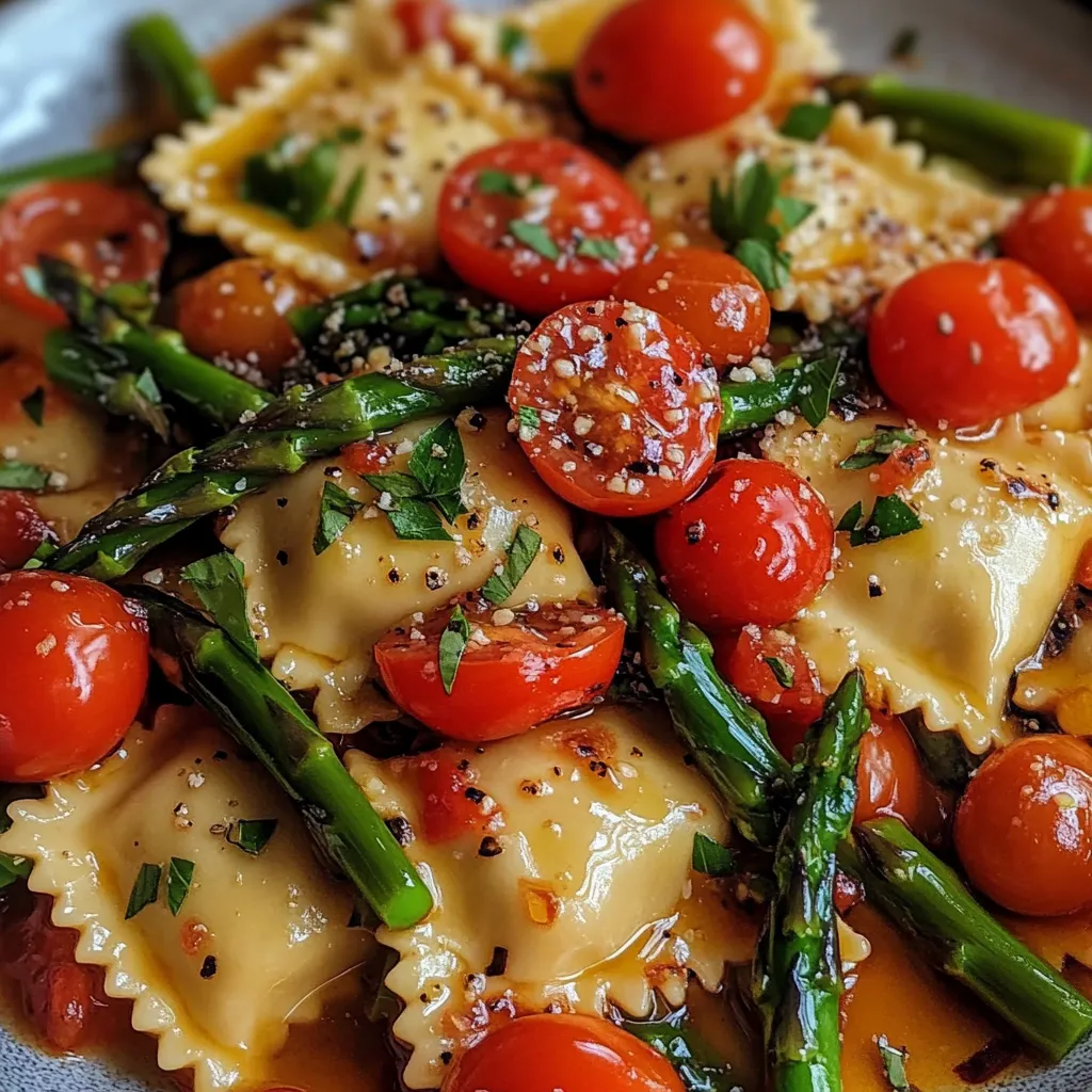 Ravioli mit Tomaten, Spargel, Knoblauch und Kräutern