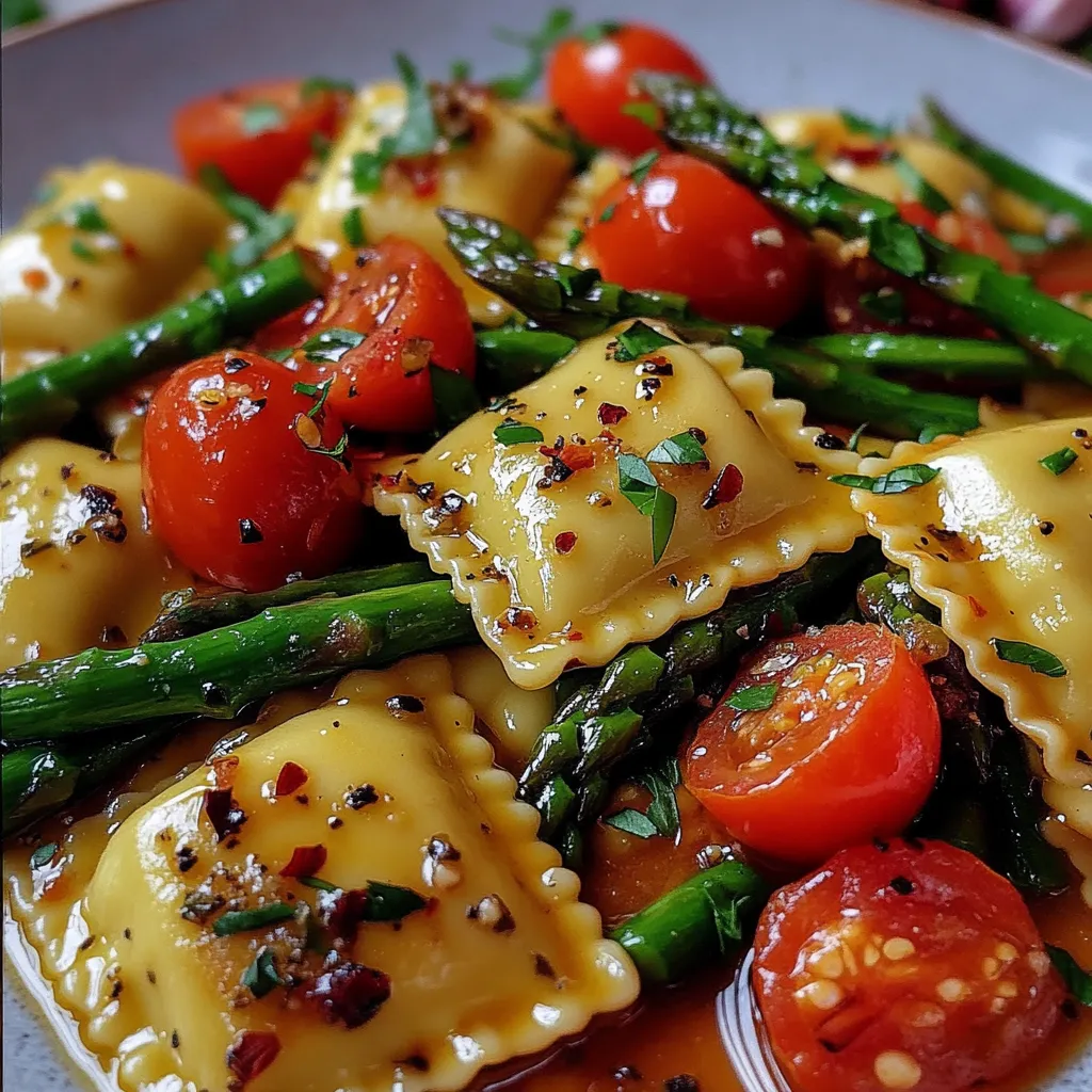 Ravioli mit Tomaten, Spargel, Knoblauch und Kräutern