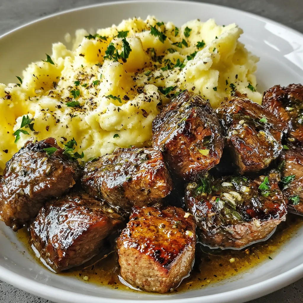 Knoblauchbutter Steakstücke mit Kartoffelbrei