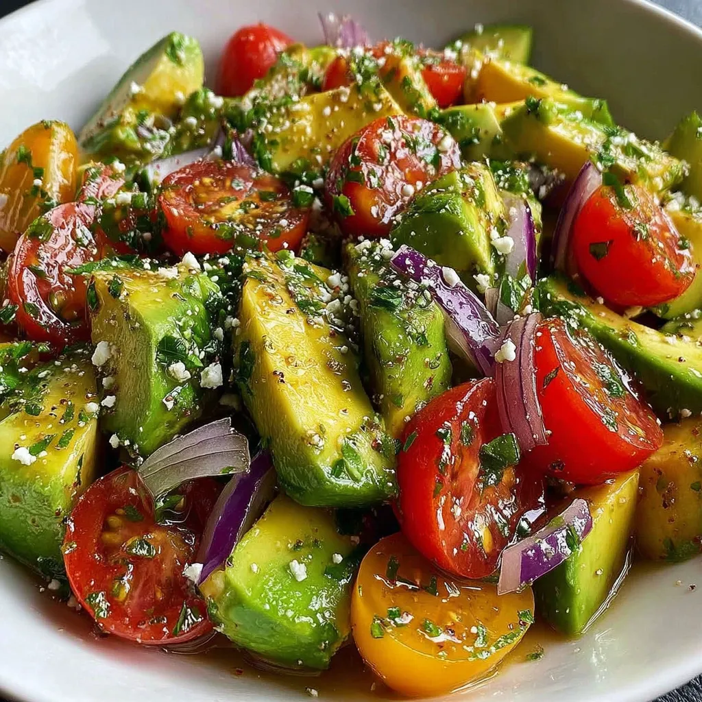 Auf einem weißen Teller wartet ein leuchtend grüner Avocadosalat mit Limette und Tomaten.