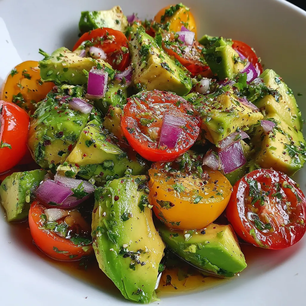 Ein heller Teller mit frischem Avocadosalat, viel Limette, Tomaten und buntem Gemüse.