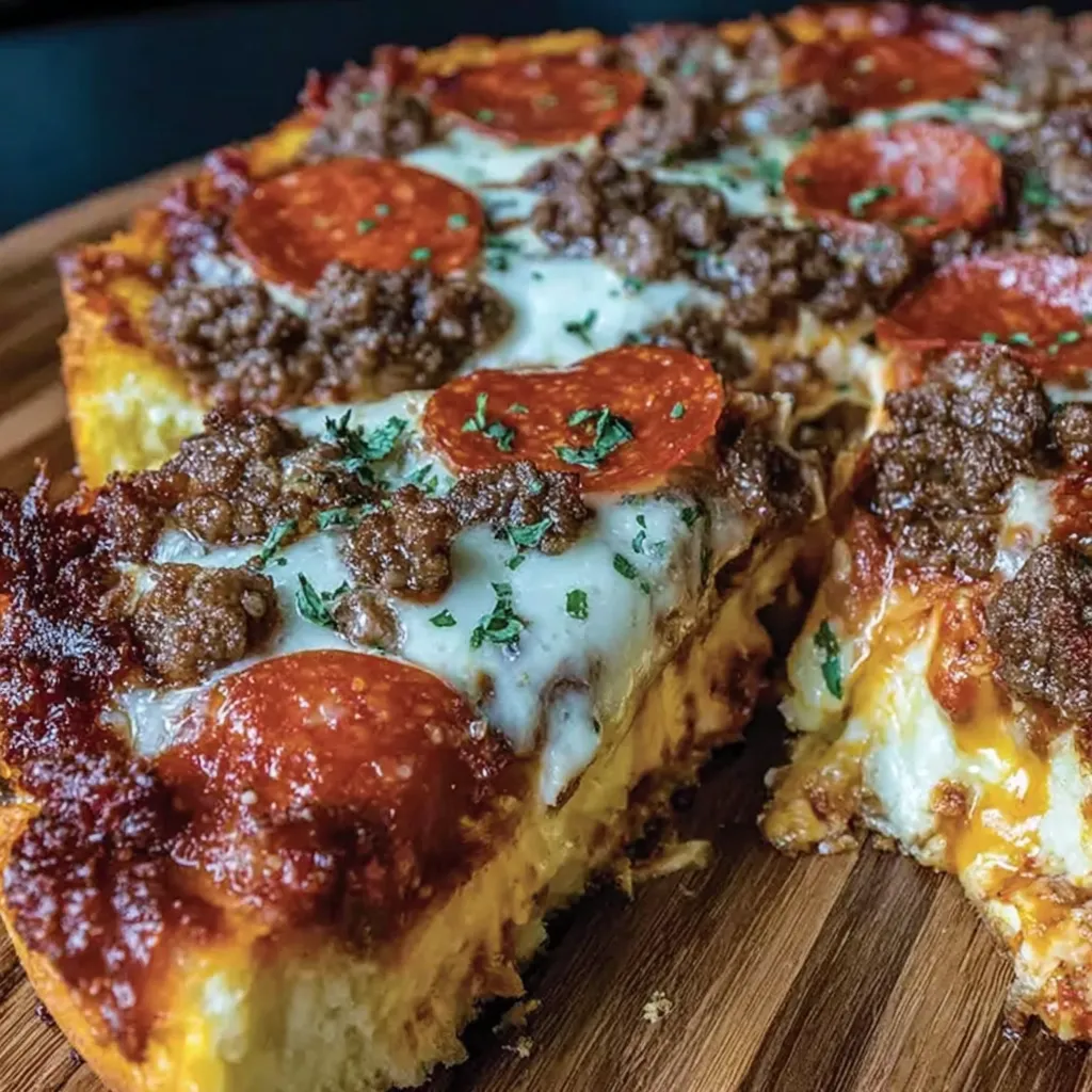 Hamburger-Salami-Pepperoni-Pie, tief gebacken