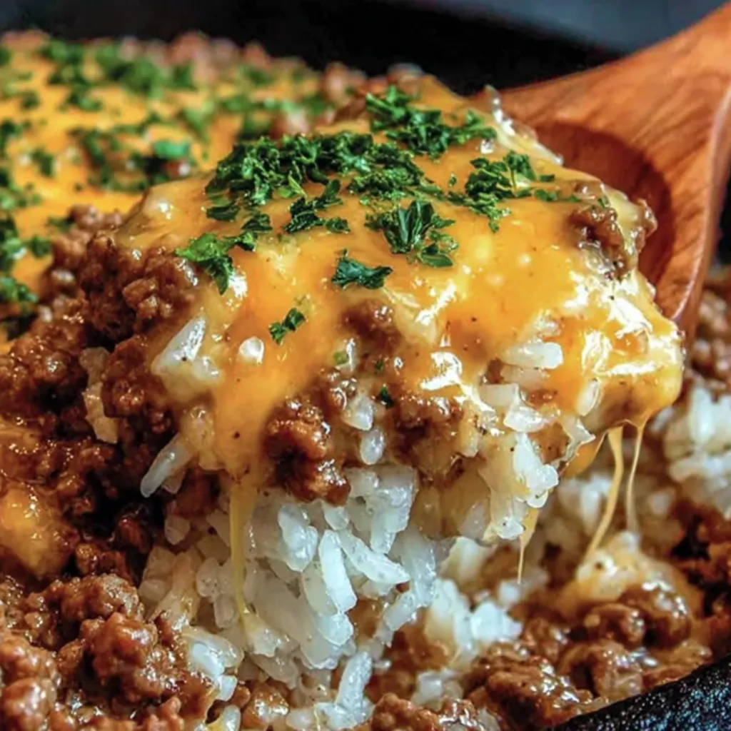 Knoblauch Butter Rindfleisch und Reis Pfanne mit cremiger Cheddar-Parmesan Sauce