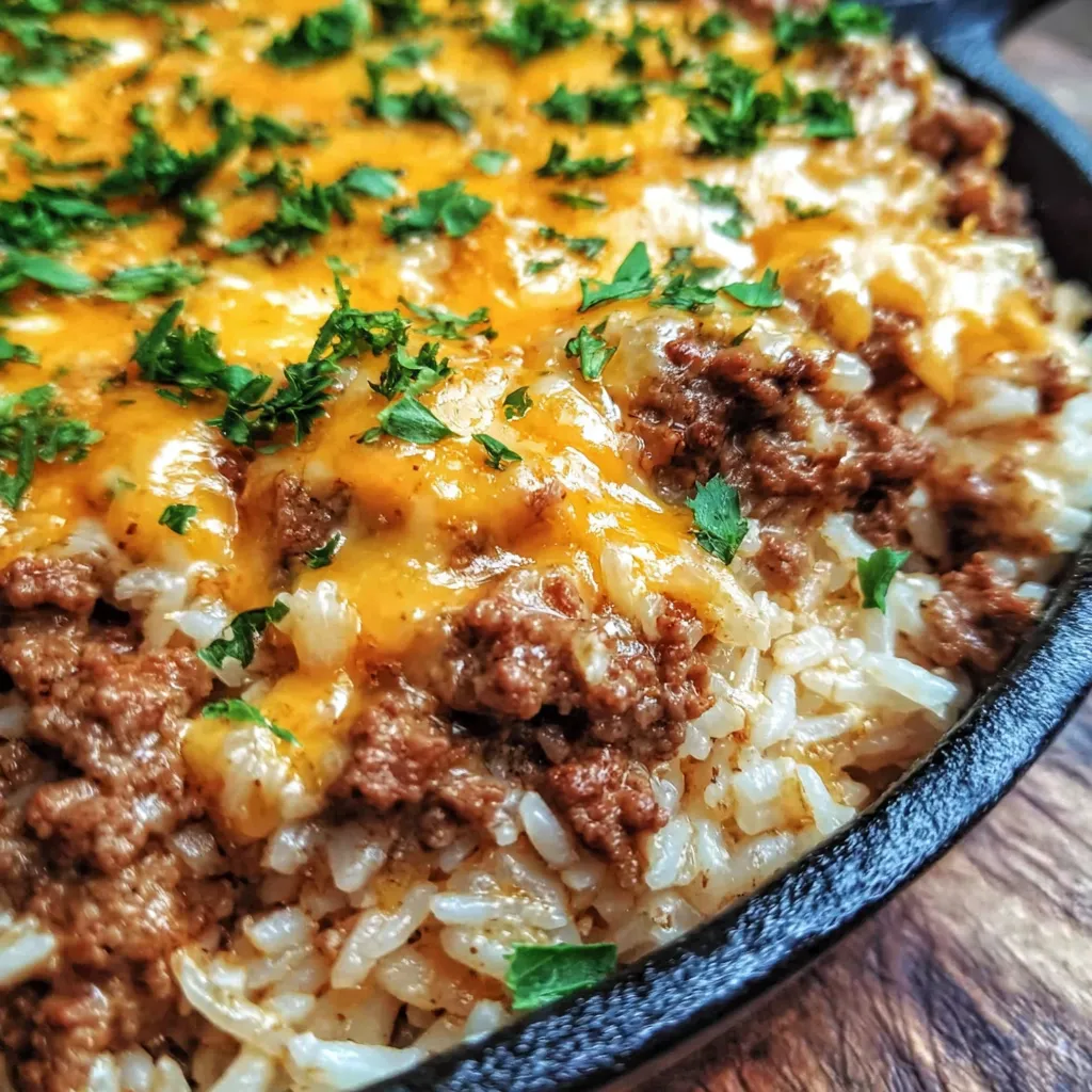 Garlic Butter Beef and Rice Skillet mit Cheddar-Parmesansauce