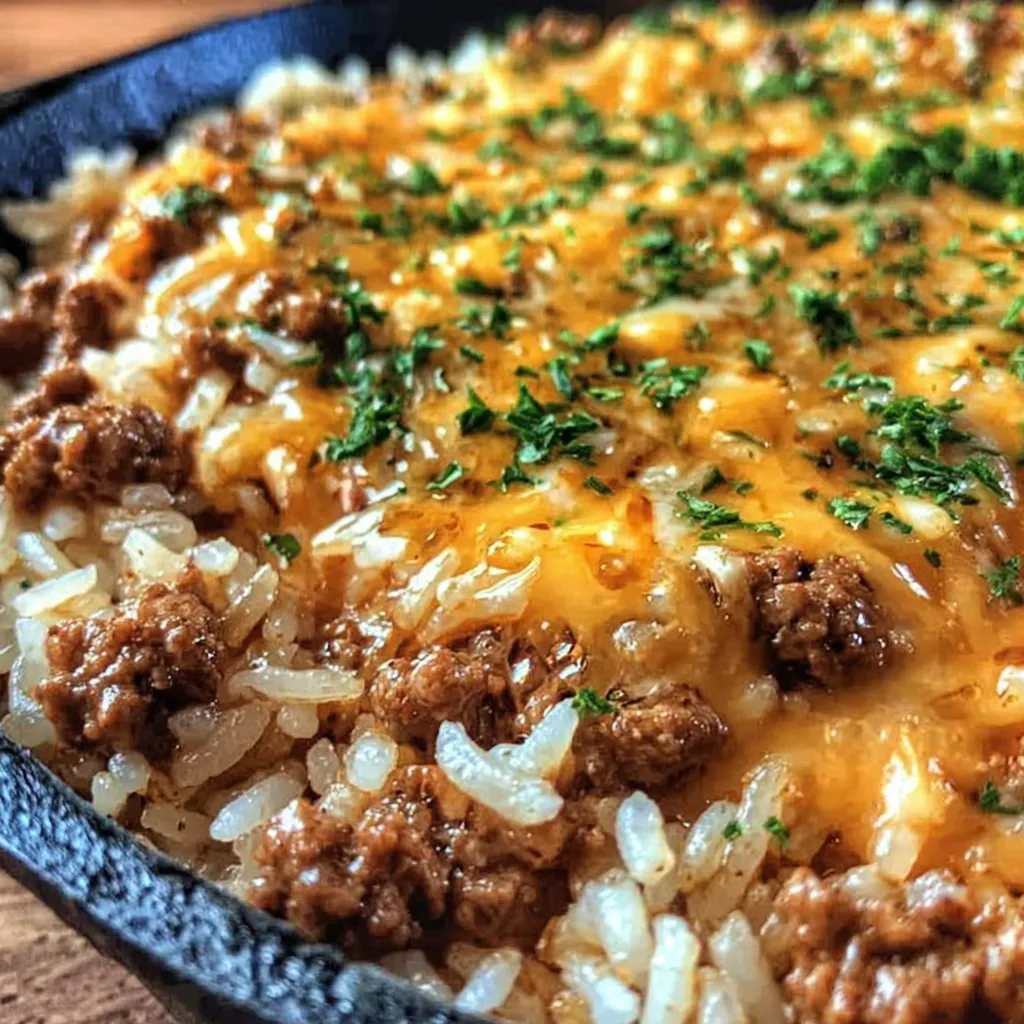 Garlic Butter Beef and Rice Skillet mit Cheddar-Parmesansauce