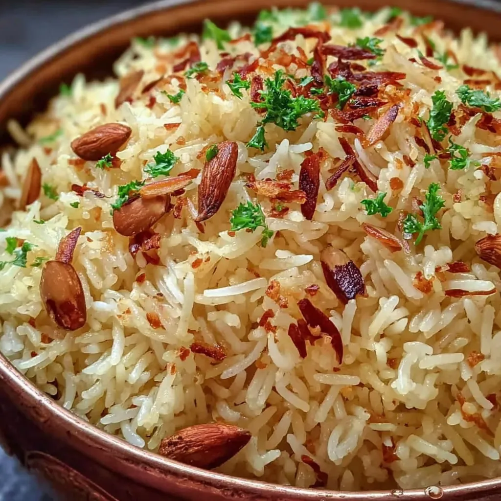 Ein Topf mit würzigem arabischen Reis und knackigen Nüssen obendrauf.