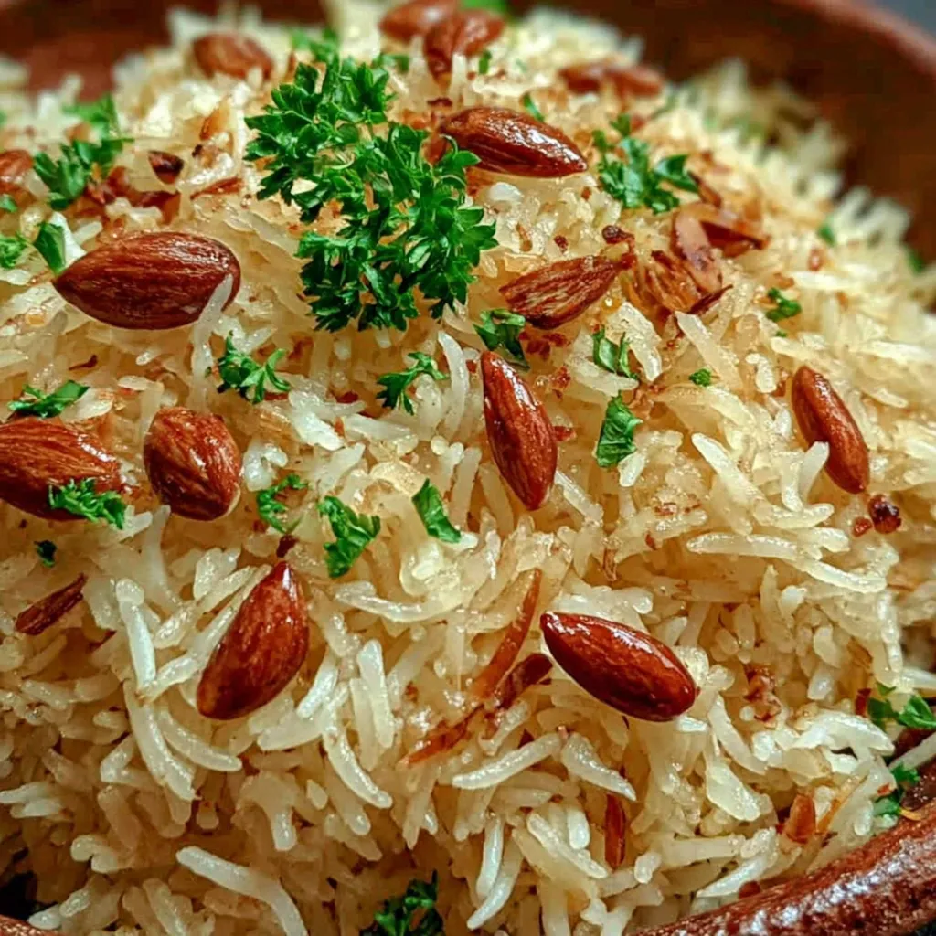 Ein Bild von arabischem Reis in einem großen Topf oder Kessel, darüber gestreute Reiskörner und Nüsse.