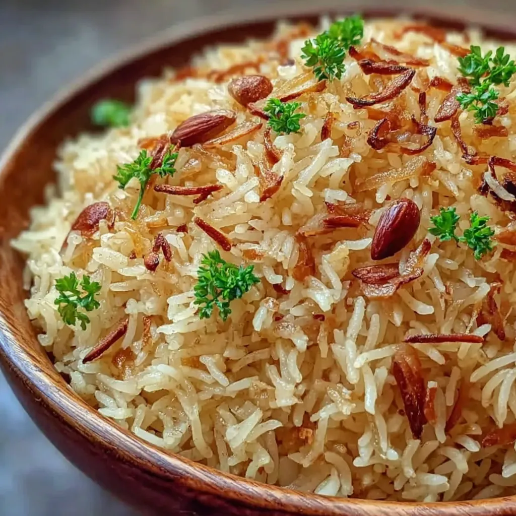 Eine Schale mit arabischem Reis, obendrauf Zwiebeln und Gewürze.