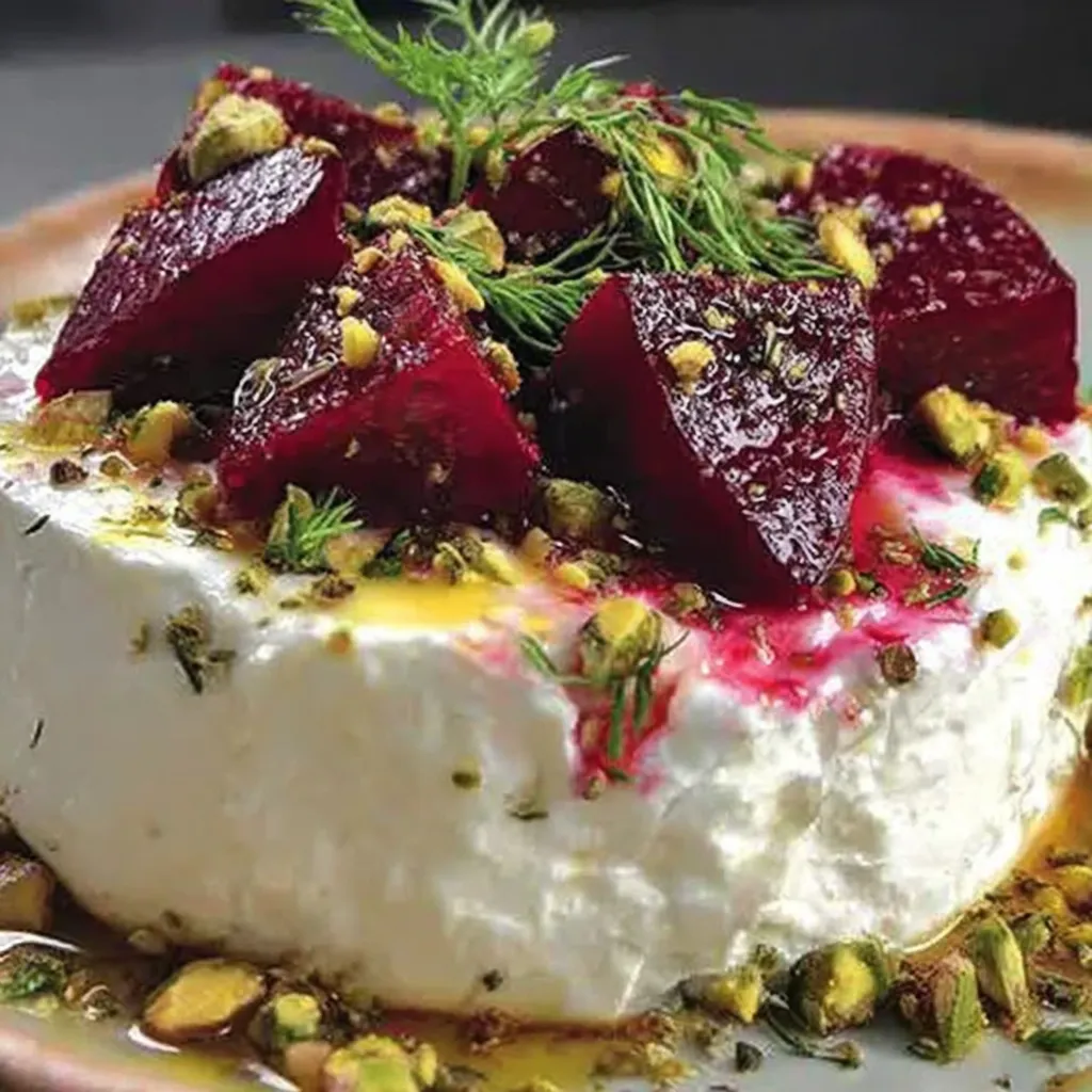Ein Servierteller mit cremigem Feta, darüber Scheiben von Roter Bete und Pistazien.