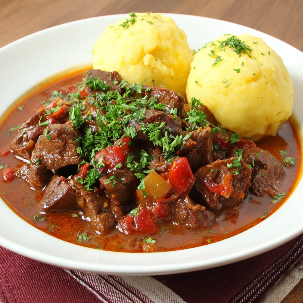 Saftiges Wiener Gulasch mit grünen Toppings wie Paprika und Zwiebel, serviert frisch.