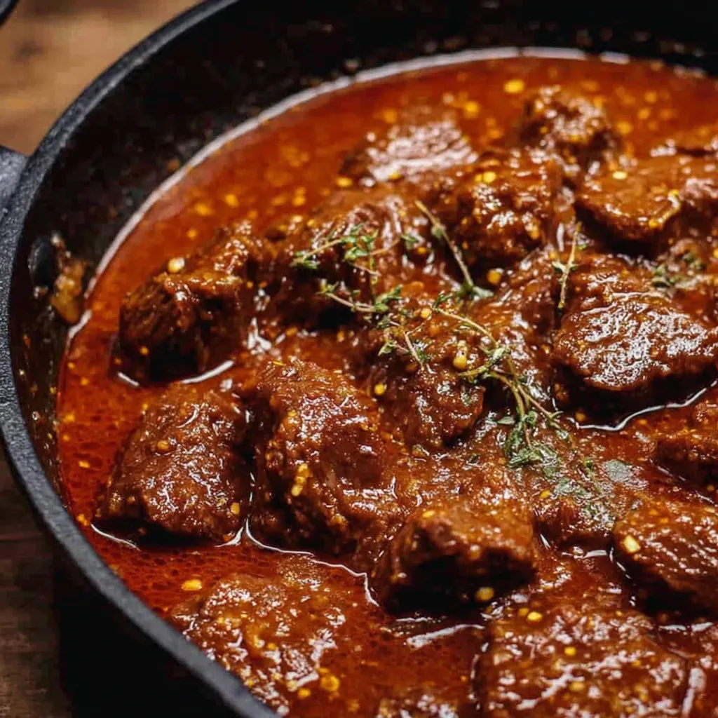 Ein schwarzer Topf voll mit Fleischwürfeln, Gewürzen und dicker Soße – bekannt als Wiener Saftgulasch.