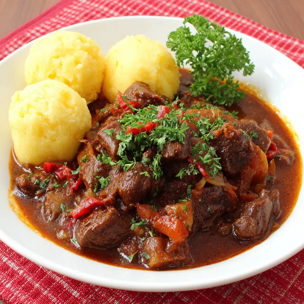 Wiener Saftgulasch, dekoriert mit Frühlingszwiebeln und roten Paprikastücken.