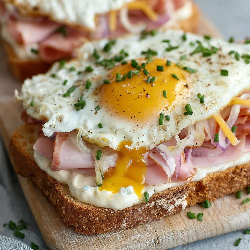 Knuspriges Toast mit Ei und Zwiebel auf einem Holzbrett gestapelt.