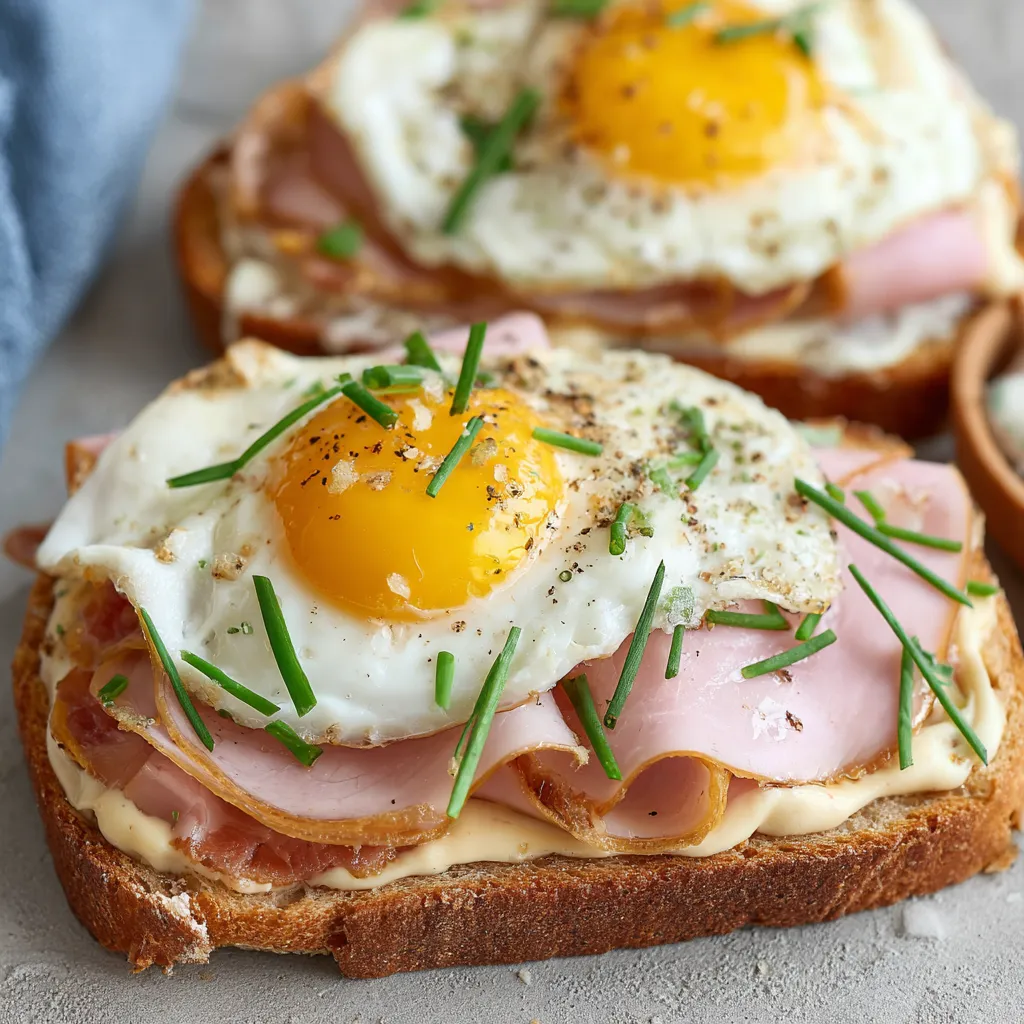 Zwei Toasts mit Eiern und Zwiebeln: eins nur mit Schinken, eins mit Schinken und Zwiebeln.