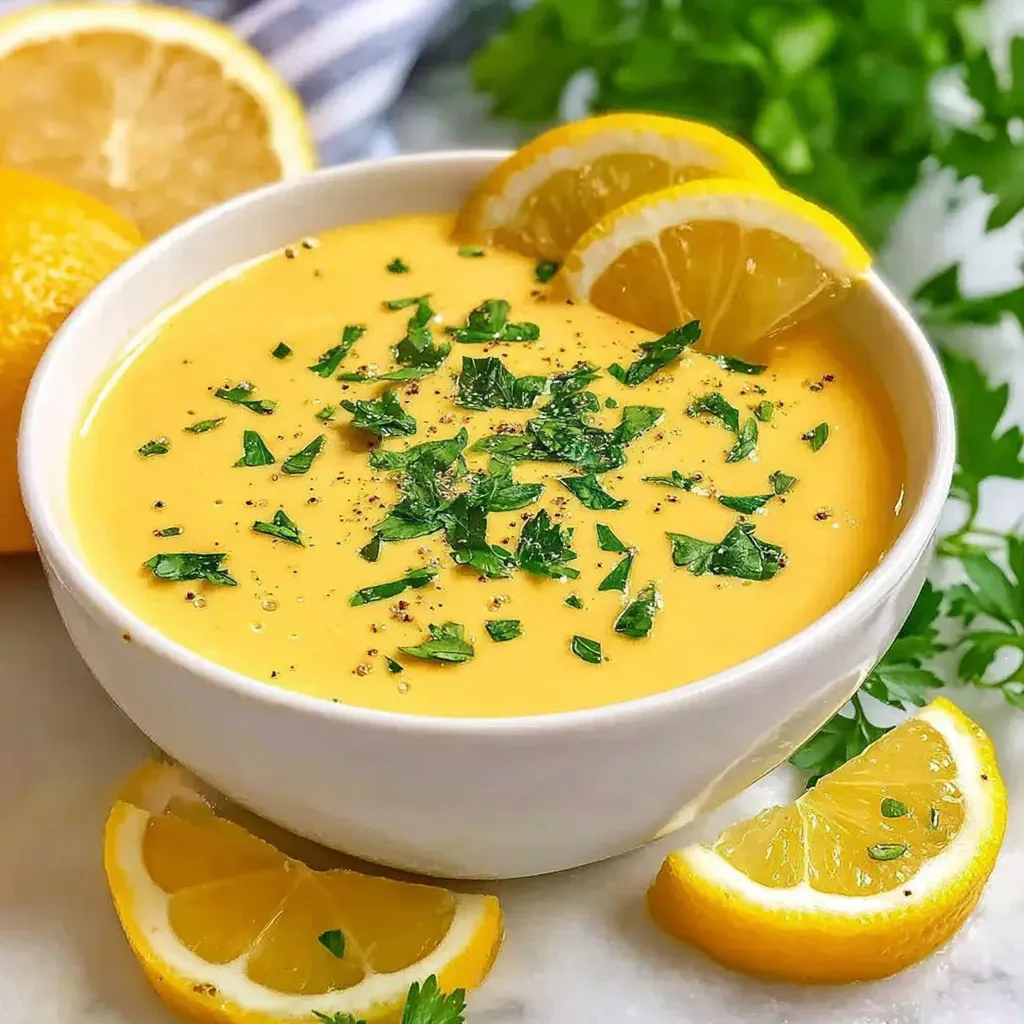 Eine weiße Tasse voll Honig-Senf-Dressing, belegt mit Zitronenscheiben und frischen Kräutern.
