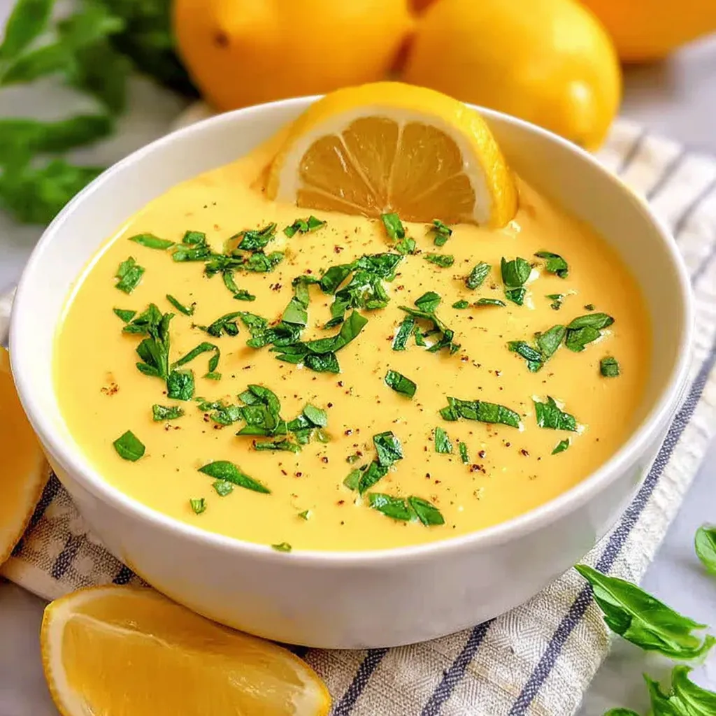 Eine weiße Tasse voll Honig-Senf-Dressing, belegt mit Zitronenscheiben und frischen Kräutern.