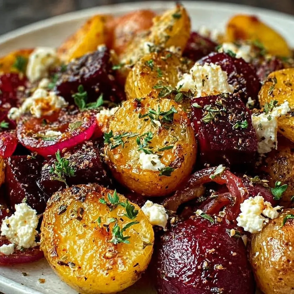 Weiße Platte mit Kartoffeln, Rote Bete und Feta-Käse.