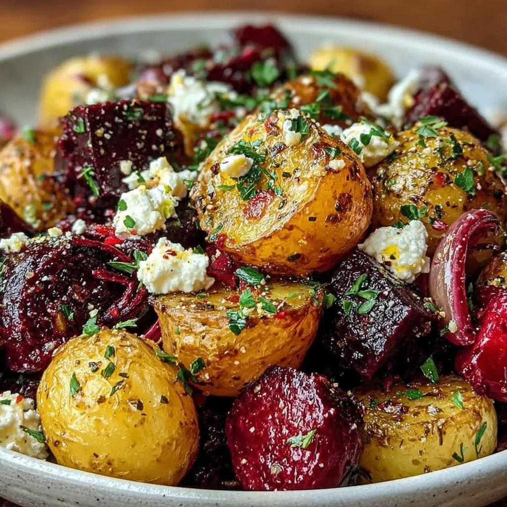Ein Becher gefüllt mit Kartoffeln, Roter Bete und Feta.