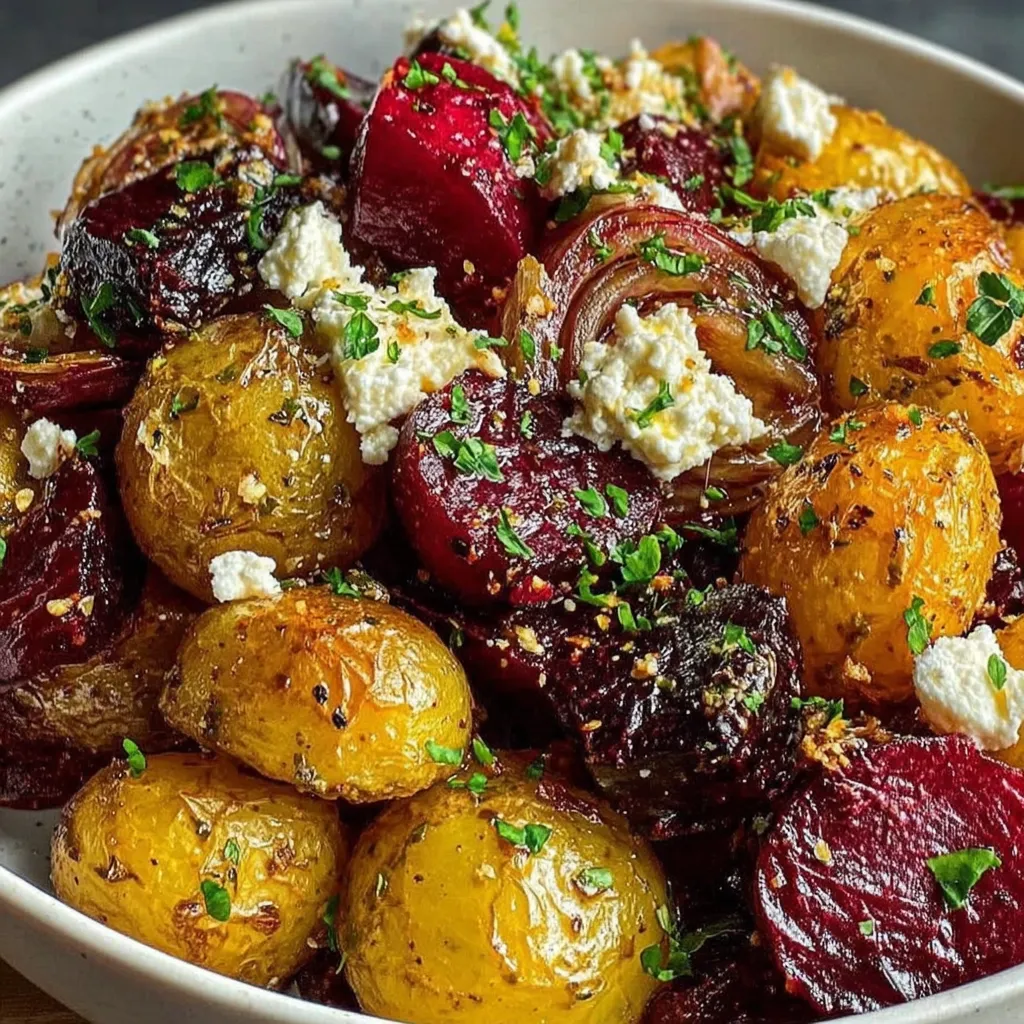 Teller mit einer Mischung aus Rote Bete, Kartoffeln und Feta.