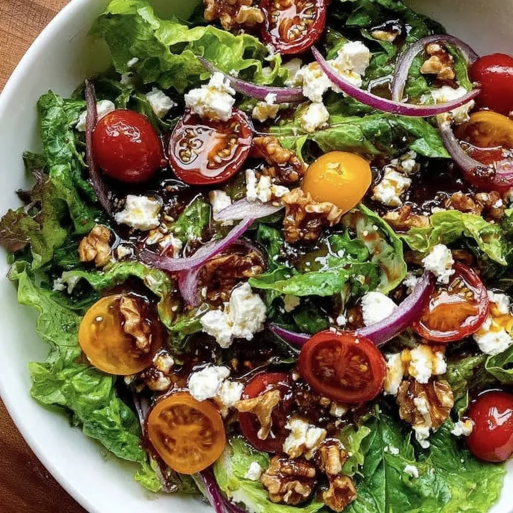 Eine große Schüssel Feldsalat mit griechischem Käse und Honig-Dressing.