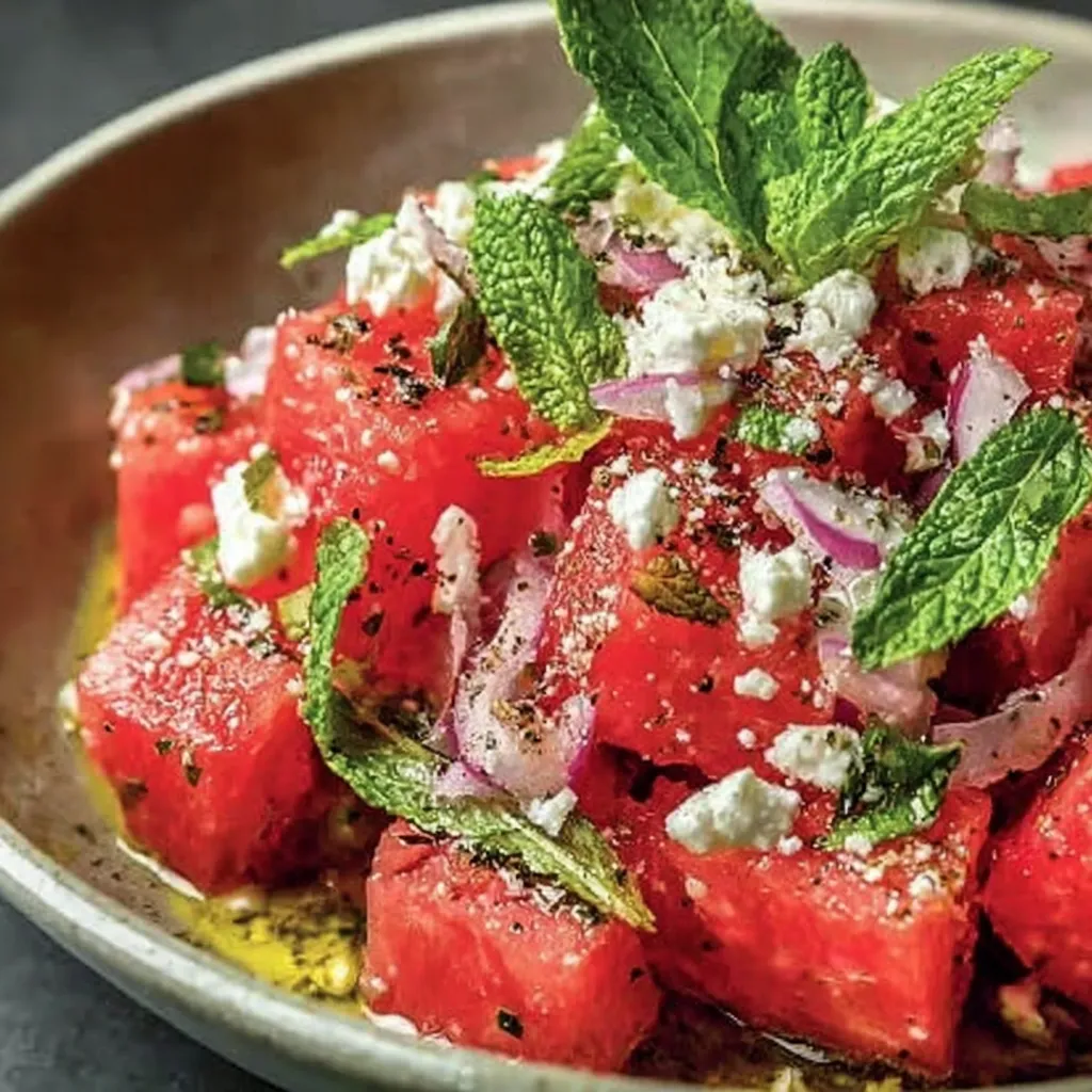 Eine große Schüssel voller saftiger Melonenstücke, Feta und frischer Minze – perfekt für heiße Sommertage.