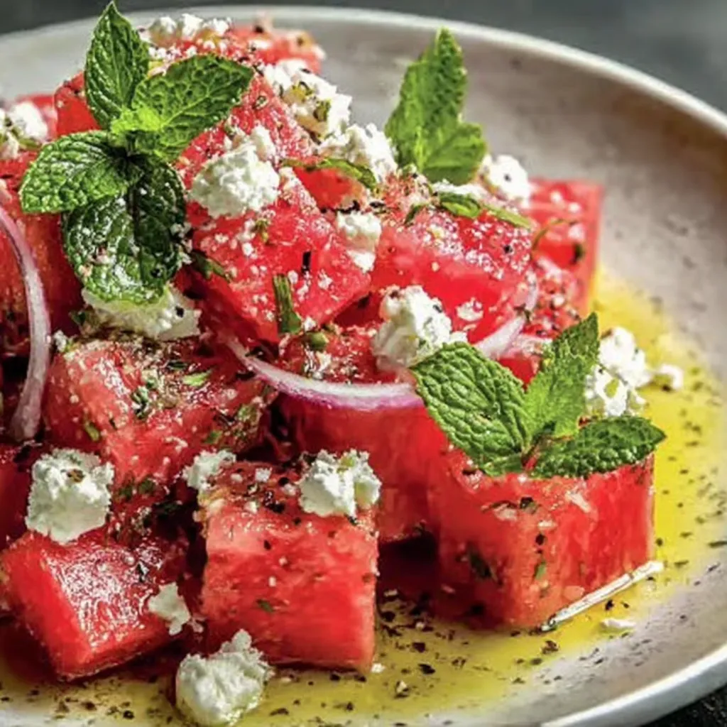 Knalliges Foto von einem bunten Wassermelonensalat mit Feta und Minze, perfekt für warme Tage.