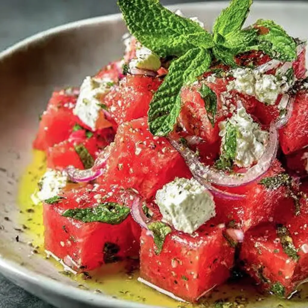 Eine große Schale mit bunter Wassermelone, Feta und Minze – ideal für heiße Sommertage.