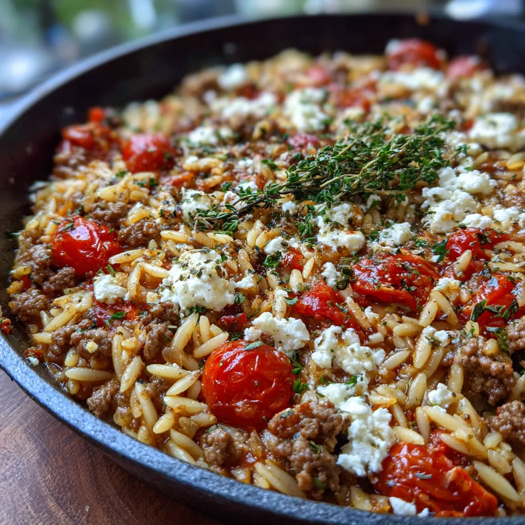 Eine griechische Pfanne mit Rind und Kritharaki – pures Sommerfeeling, super gemütlich.